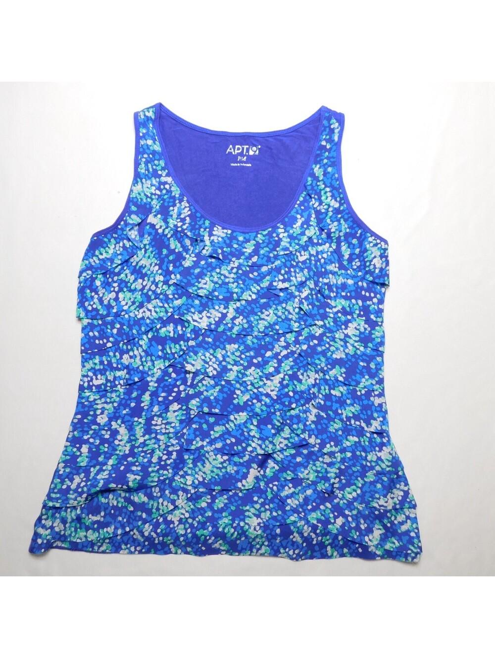 Apt 9 Tiered Ruffle Tank Top Womens PM Petite Medium Blue Abstract Dot Cami Blou